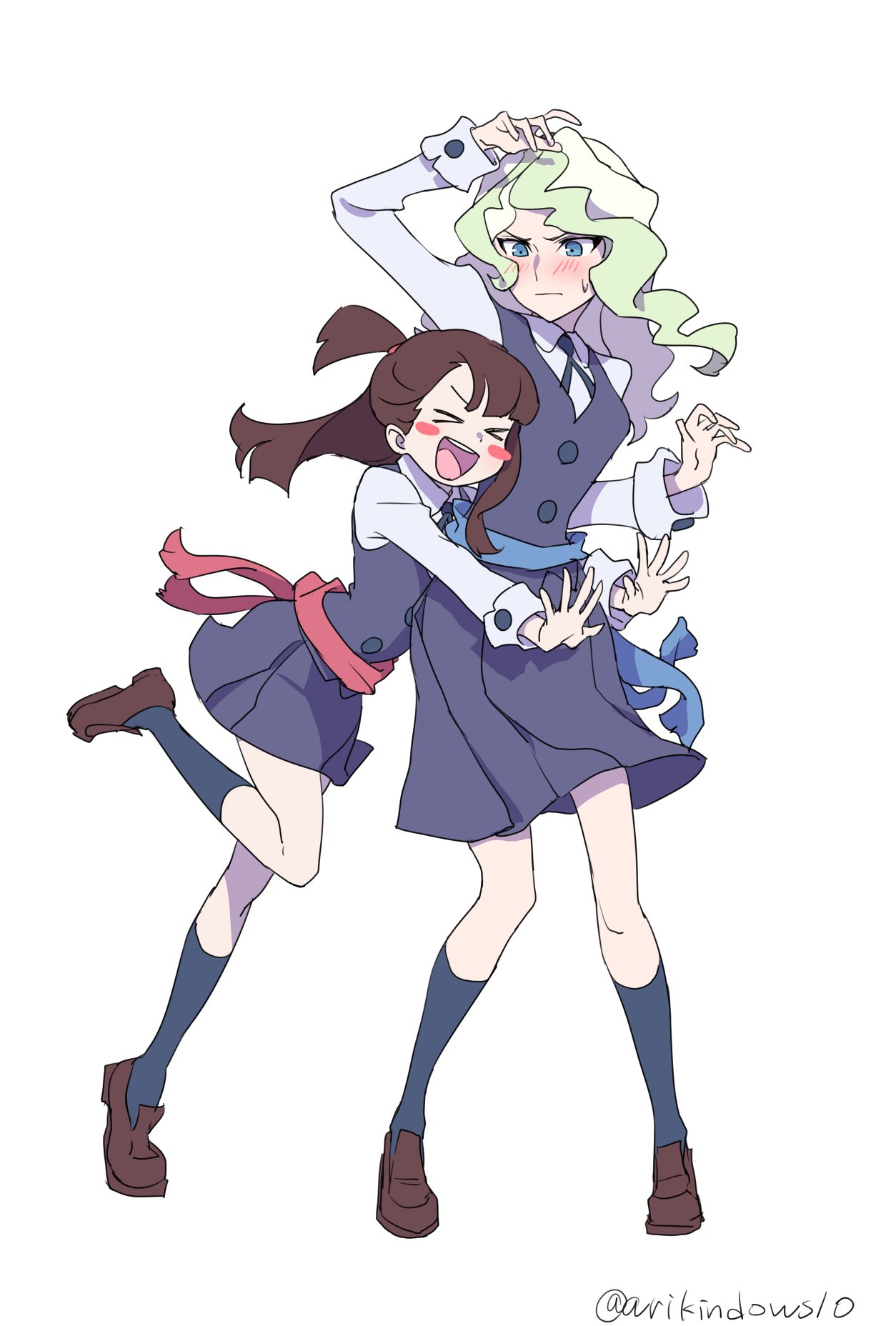 2girls arikindows10 black_socks blonde_hair blue_eyes blush blush_stickers closed_eyes closed_mouth diana_cavendish glomp highres hug kagari_atsuko little_witch_academia long_hair looking_at_another luna_nova_school_uniform multiple_girls open_mouth school_uniform simple_background smile socks white_background yuri