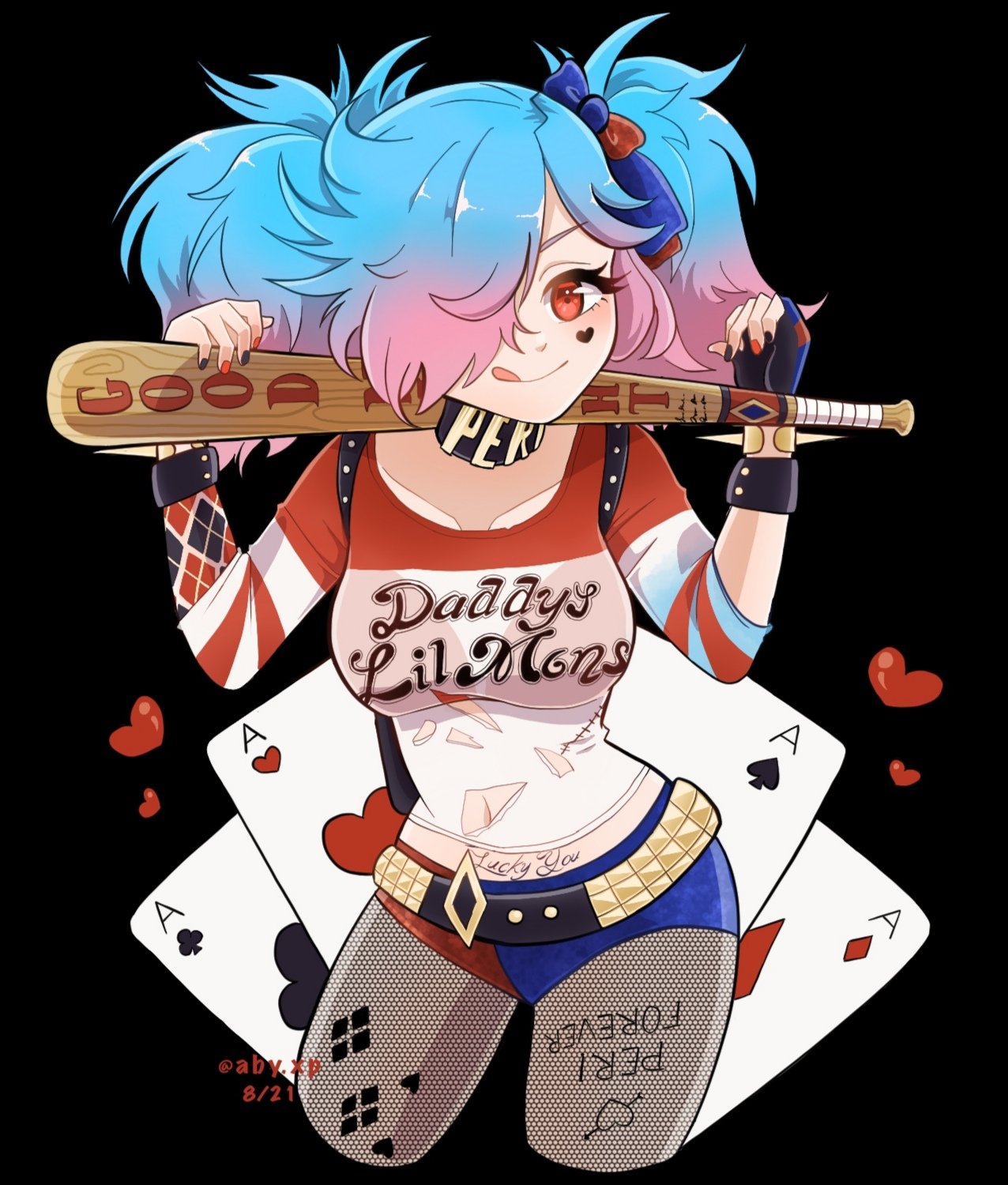 1girl baseball_bat black_background black_thighhighs blue_hair cosplay fire_emblem fire_emblem_fates gloves harley_quinn harley_quinn_(cosplay) heart highres light_blue_hair naughty_face peri_(fire_emblem) pink_hair poker shirt t-shirt tattoo thighhighs thighs tongue tongue_out twintails