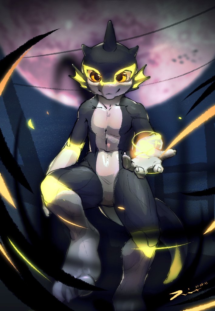 anthro aquatic_dragon black_body claws digital_media_(artwork) dragon fin fishy_fizz front_view glowing glowing_markings halloween holidays looking_at_viewer magic male marine markings moon night nude simple_background smile solo white_body yellow_eyes