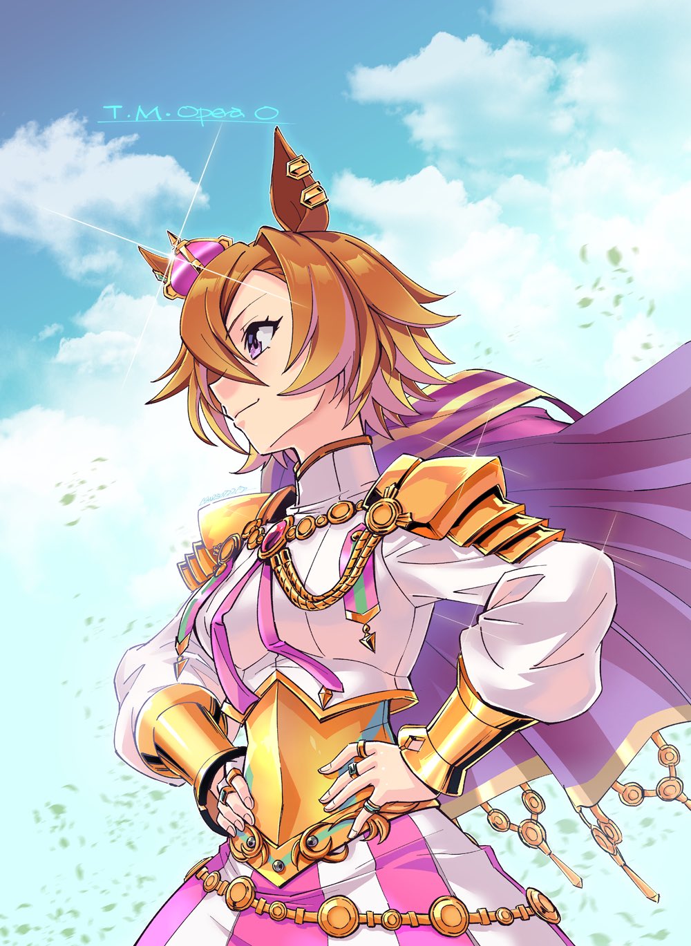 1girl animal_ears armor as'maria breasts cardigan closed_mouth cloud corset crown day ear_piercing english_commentary glint hair_between_eyes hands_on_own_hips highres horse_ears jewelry long_sleeves mini_crown multiple_rings orange_hair outdoors piercing pink_cardigan purple_eyes ring shirt short_hair shoulder_armor signature skirt small_breasts smile solo standing t.m._opera_o_(umamusume) turtleneck two-tone_skirt umamusume upper_body white_shirt wind
