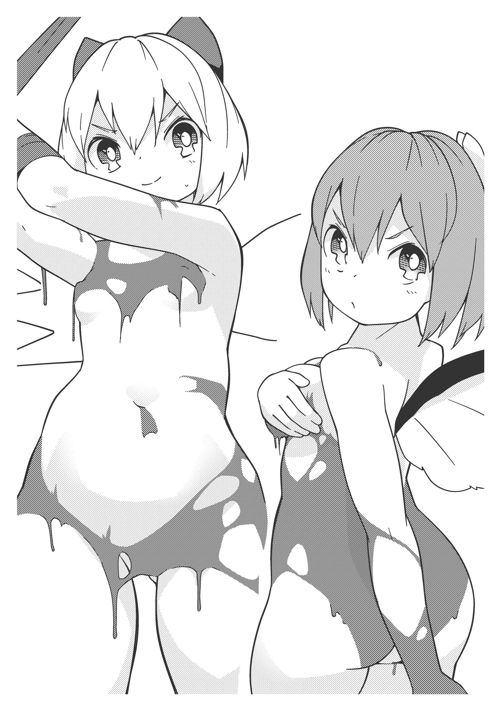 2girls absurdres ass_visible_through_thighs bound bound_wrists bow breasts cirno commentary_request covering covering_breasts daiyousei fairy_wings greyscale hair_bow highres huxiao_(mistlakefront) ice ice_wings medium_breasts monochrome multiple_girls navel petite ribbon slime_(substance) small_breasts smile thighs touhou v-shaped_eyebrows wings