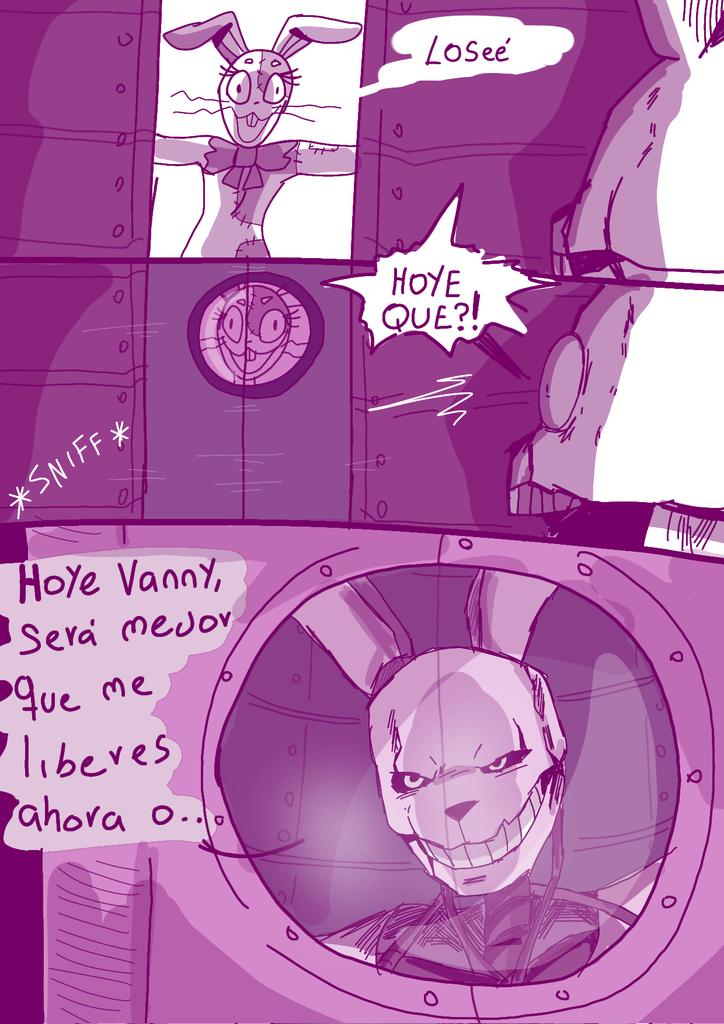 anthro bow_accessory buckteeth comic dialogue door duo female five_nights_at_freddy's five_nights_at_freddy's_3 happy lagomorph leporid male mammal monochrome rabbit renita_reed scottgames spanish_text speech_bubble springtrap_(fnaf) teeth text vanny_(fnaf) whiskers