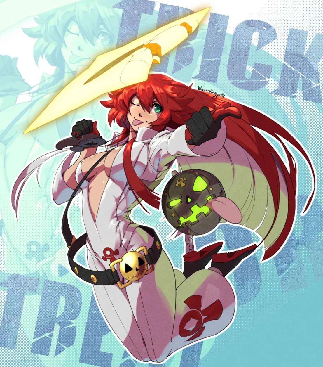 1girl :p ankh ball_and_chain_(weapon) ball_and_chain_restraint bell-bottoms belt belt_buckle black_footwear black_gloves blizzardingpike blunt_ends bodysuit breasts buckle collared_shirt colored_inner_hair dorpos front_slit gloves green_eyes guilty_gear guilty_gear_strive hair_between_eyes high_heels highres jack-o'_valentine jewelry large_breasts long_hair long_sleeves looking_at_viewer mature_female medium_breasts messy_hair multicolored_hair one_eye_closed open_belt pants pendant plunging_neckline red_footwear red_gloves red_hair shirt shoulder_belt skin_tight skull_belt smile tongue tongue_out two-tone_footwear two-tone_gloves two-tone_hair very_long_hair white_bodysuit white_hair white_pants white_shirt