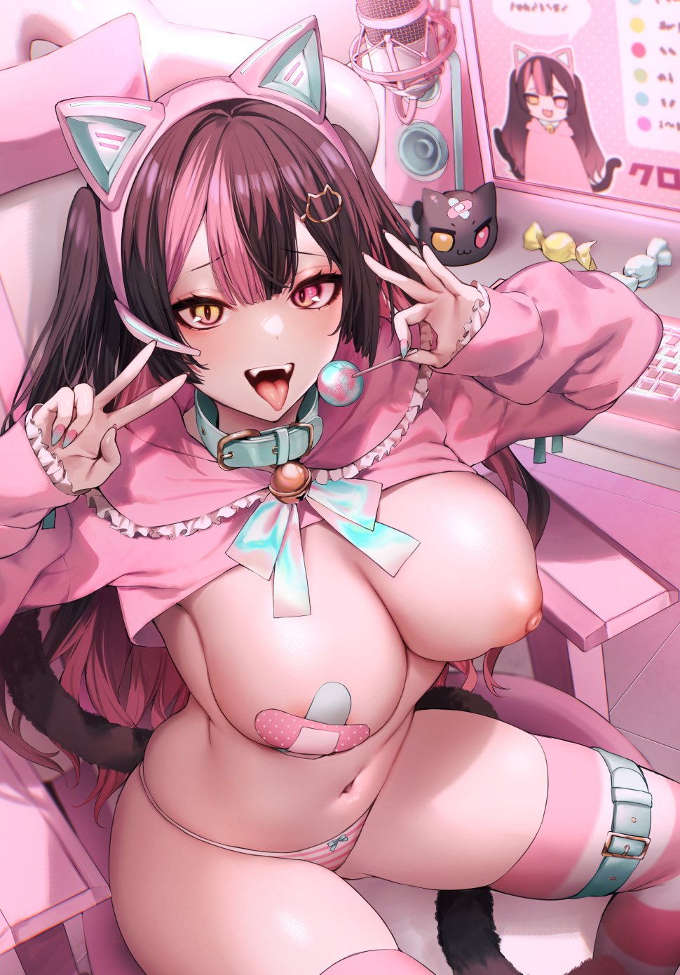 1girl animal_ear_headphones animal_ears bandaid bandaids_on_nipples black_hair breasts candy cat_ear_headphones cat_hair_ornament chair collar danimaru fake_animal_ears food hair_ornament hairclip headphones heterochromia highres keyboard_(computer) large_breasts leg_belt lollipop long_hair looking_at_viewer monitor multicolored_hair nail_polish navel nipples original panties pasties pink_eyes pink_hair sitting slit_pupils solo stomach streaked_hair striped striped_panties striped_thighhighs thighhighs twintails underwear v yellow_eyes