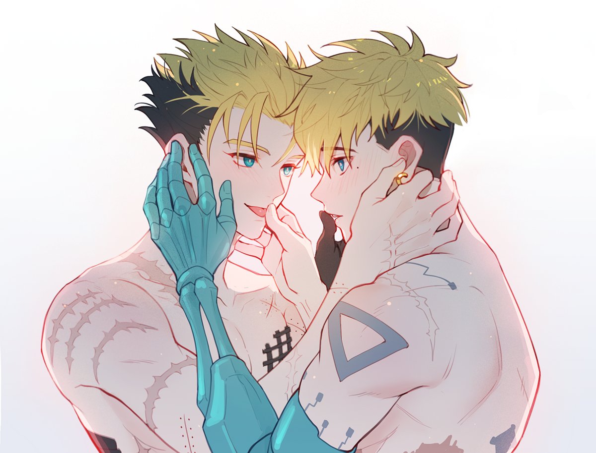 2boys aqua_eyes black_hair blonde_hair blue_eyes blush couple dual_persona earrings eye_contact finger_to_another's_mouth hand_on_another's_ear hands_up jewelry licking licking_another's_finger looking_at_another male_focus mole mole_under_eye multicolored_hair multiple_boys natural_wind nude parted_lips piercing prosthesis prosthetic_arm scar scar_on_arm scar_on_back scar_on_hand scar_on_shoulders selfcest short_hair simple_background smile spiked_hair toned toned_male tongue tongue_out too_many_scars trigun trigun_stampede two-tone_hair undercut upper_body vash_the_stampede white_background yaoi