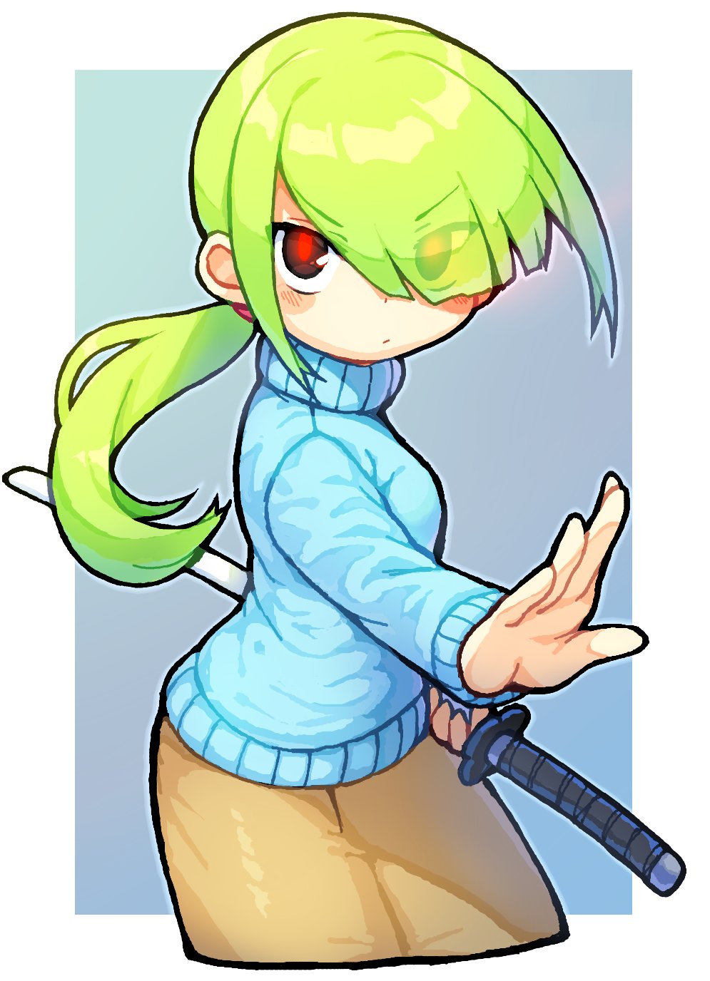 1girl bachera blue_sweater blush brown_eyes brown_skirt closed_mouth commentary_request cropped_legs green_hair grey_background hair_over_one_eye highres holding holding_sheath katana long_hair long_sleeves looking_at_viewer original red_pupils sheath sheathed skirt solo sweater sword turtleneck turtleneck_sweater two-tone_background very_long_hair weapon white_background