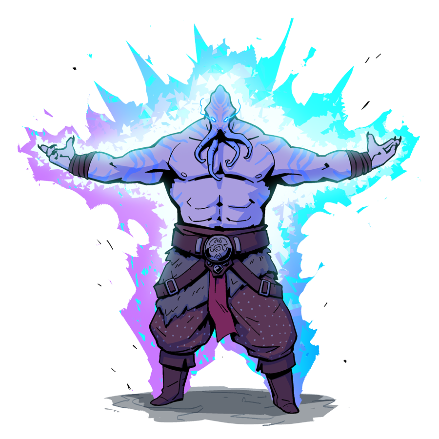 1boy aura colored_skin dungeons_and_dragons energy fewer_digits fingernails full_body long_fingernails looking_at_viewer male_focus mindflayer muscular muscular_male octopus_boy purple_skin sharp_fingernails simple_background solo souperluminal tentacles vossk_the_swole white_background