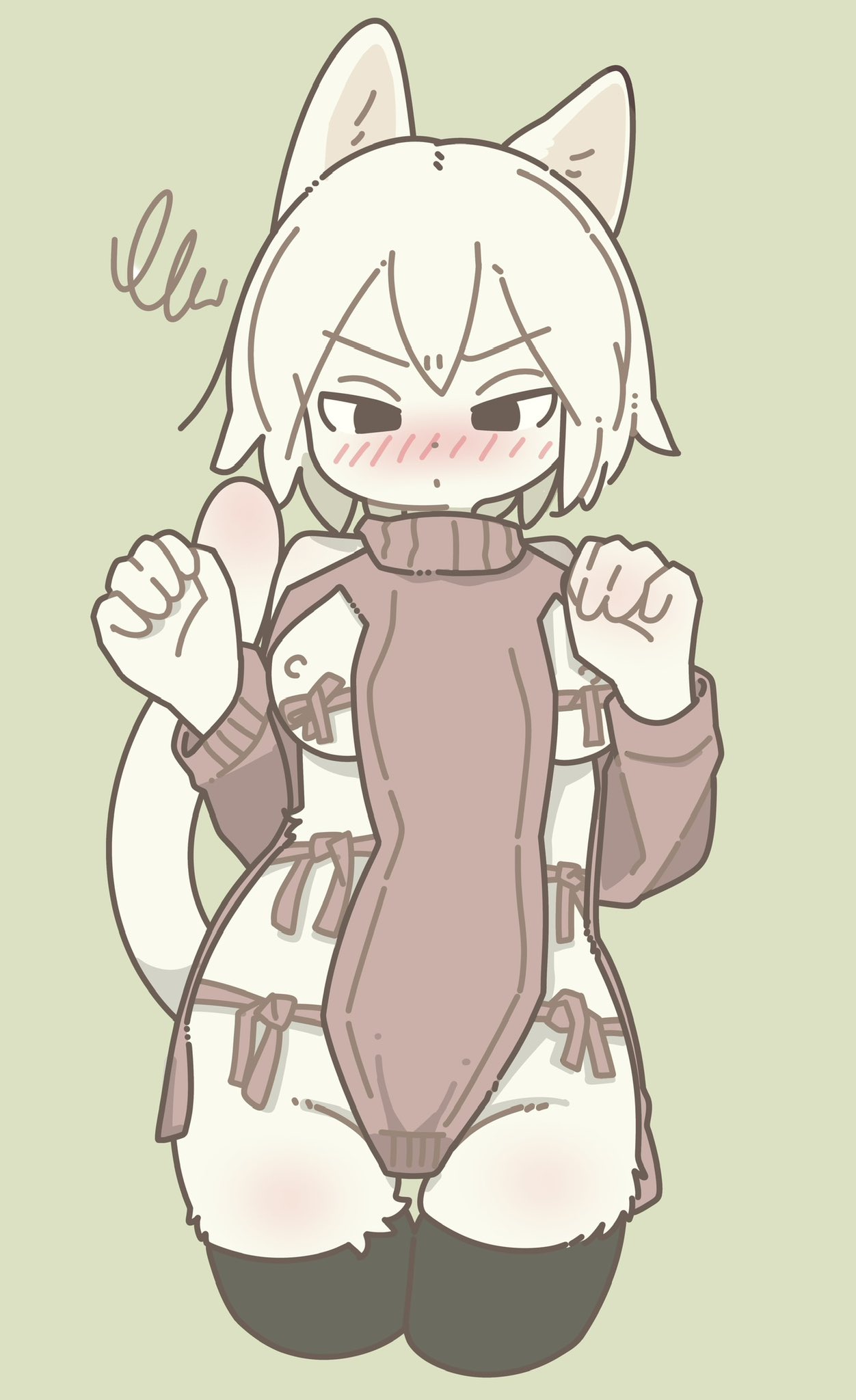 annoyed anthro backwards_virgin_killer_sweater blush breasts clothed clothing domestic_cat felid feline felis female fur green_background hair hi_res kemono legwear mammal meme meme_clothing mikeyama narrowed_eyes nipples simple_background skimpy solo stockings sweater topwear virgin_killer_sweater white_body white_fur white_hair