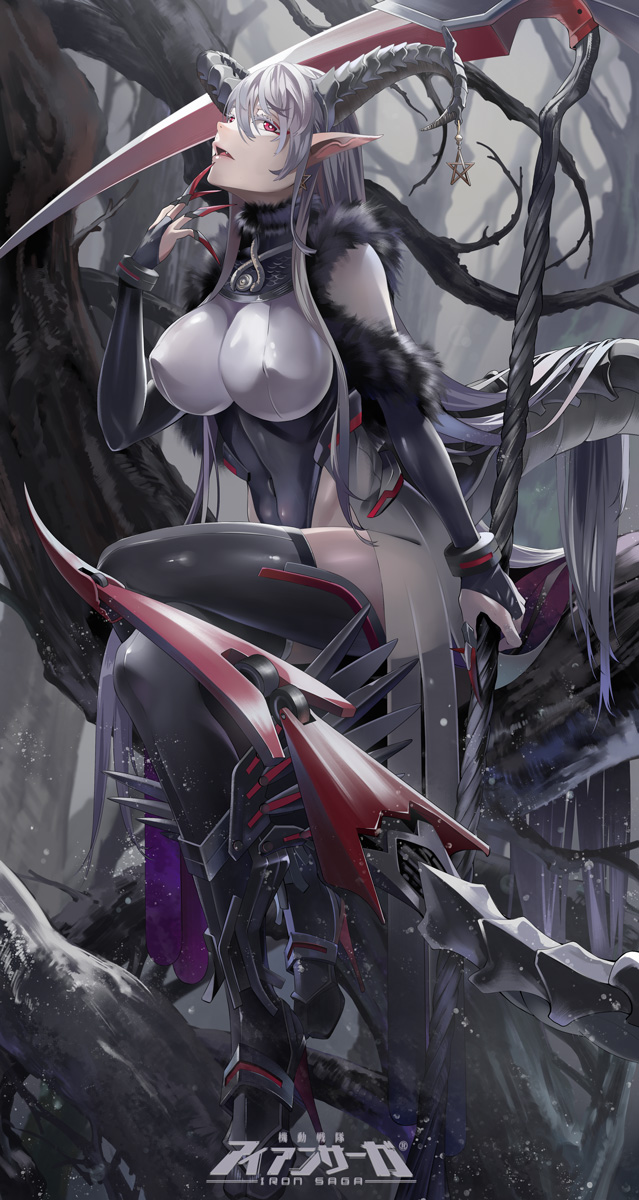 1girl breasts bridal_gauntlets copyright_name elbow_gloves gloves grey_hair high_heels highres holding holding_scythe holding_weapon horns iron_saga large_breasts long_hair mist_(iron_saga) official_art pointy_ears red_eyes scythe weapon