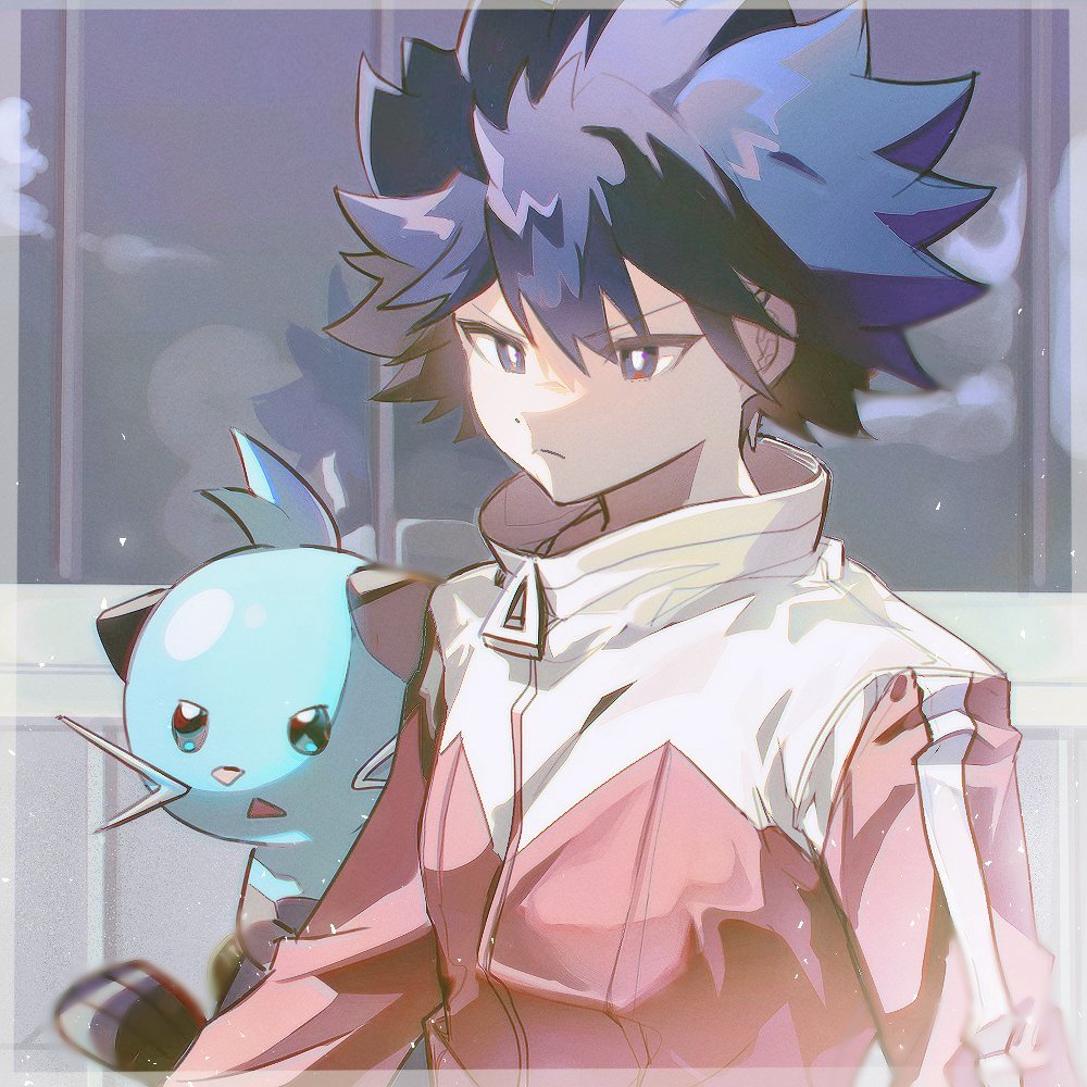 1boy black_eyes black_hair border bright_pupils closed_mouth commentary dewott frown high_collar hugh_(pokemon) jacket majyo_(witch_poke) male_focus pokemon pokemon_(creature) pokemon_(game) pokemon_bw2 red_jacket short_hair spiked_hair symbol-only_commentary upper_body white_pupils zipper_pull_tab