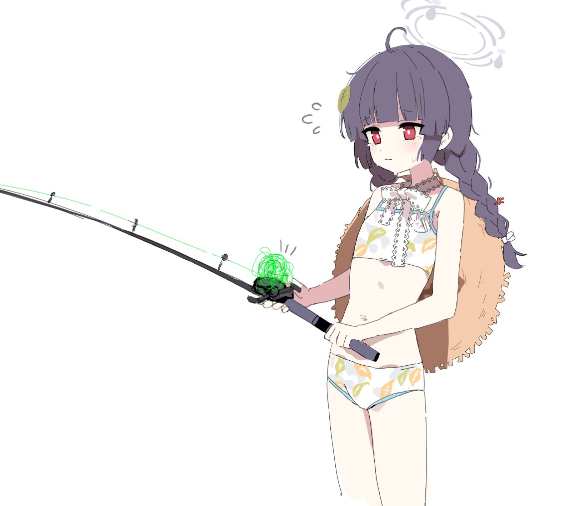 1girl ahoge bikini blue_archive blunt_bangs blush braid bright_pupils closed_mouth commentary cropped_legs crying crying_with_eyes_open fishing fishing_line fishing_rod flat_chest flying_sweatdrops halo hat hat_around_neck holding holding_fishing_rod leaf leaf_on_head leaf_print light_frown miyu_(blue_archive) miyu_(swimsuit)_(blue_archive) navel nitrio notice_lines print_bikini raised_eyebrows red_eyes simple_background solo stomach straw_hat swimsuit symbol-only_commentary tangle tears twin_braids two-handed white_background white_bikini white_pupils