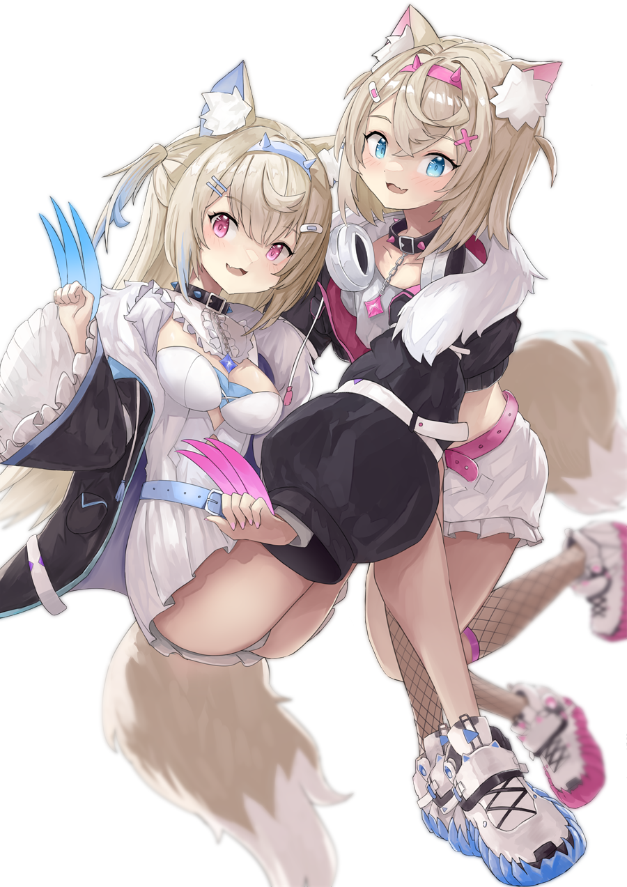 2girls animal_ear_fluff animal_ears belt belt_collar black_collar black_jacket blonde_hair blue_belt blue_eyes blue_hair blush breasts cleavage cleavage_cutout clothing_cutout collar cropped_jacket cropped_shirt dog_ears dog_girl dog_tail dress fake_claws fang fur-trimmed_jacket fur_trim fuwawa_abyssgard hair_ornament hairpin headphones headphones_around_neck highres hololive hololive_english jacket large_breasts long_hair looking_at_viewer mg42cat-k1ng mococo_abyssgard multicolored_hair multiple_girls open_mouth pink_belt pink_eyes pink_hair shirt shoes short_shorts shorts siblings sisters skin_fang small_breasts sneakers spiked_collar spikes streaked_hair tail twins virtual_youtuber white_dress white_footwear white_shirt white_shorts x_hair_ornament