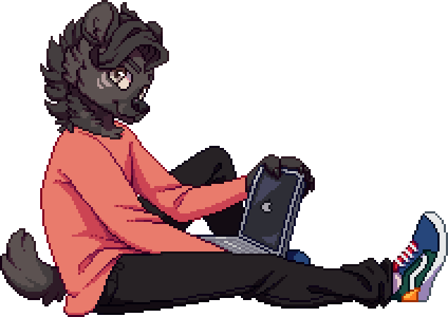 abilify_(character) anthro apple_inc. bent_legs bottomwear clothed clothing computer cute_expression denim denim_clothing digital_media_(artwork) doutarina_(artist) footwear hyena jeans laptop looking_at_viewer male male/male mammal pants pixel_(artwork) shoes sitting smile solo spotted_hyena