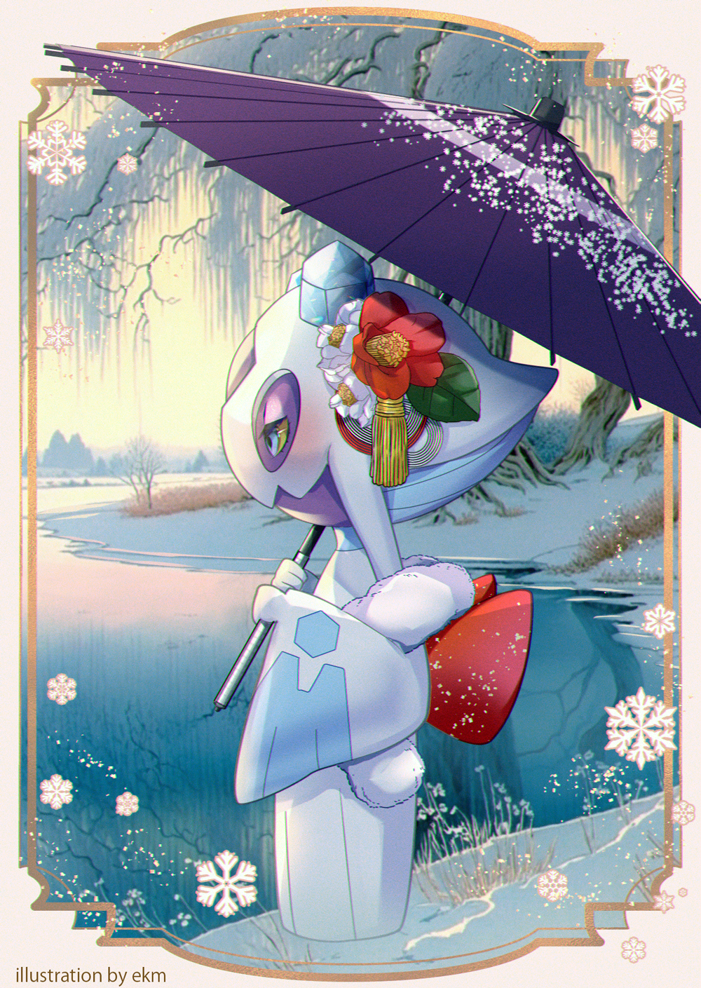 artist_name branch ekm eyelashes fangs flower_ornament froslass fur_trim half-closed_eyes highres holding holding_umbrella lake looking_afar oil-paper_umbrella pokemon pokemon_(creature) reflection reflective_water skin_fangs snowflakes snowing solo standing tree umbrella