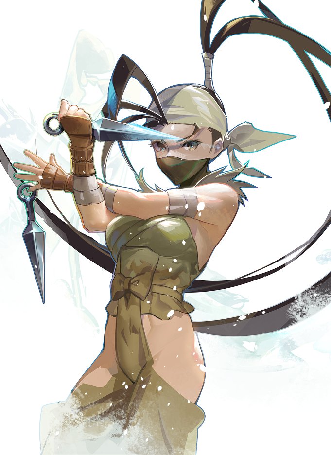 1girl antenna_hair bandaged_arm bandages bare_shoulders black_hair black_mask breasts brown_eyes brown_gloves clothing_cutout cofffee cowboy_shot fingerless_gloves gloves hands_up headwear_request high_ponytail hip_vent holding holding_weapon ibuki_(street_fighter) japanese_clothes kunai long_bangs long_hair looking_at_viewer mask medium_breasts mouth_mask ninja ninja_mask no_panties street_fighter street_fighter_iii_(series) thigh_cutout torn_clothes weapon white_background