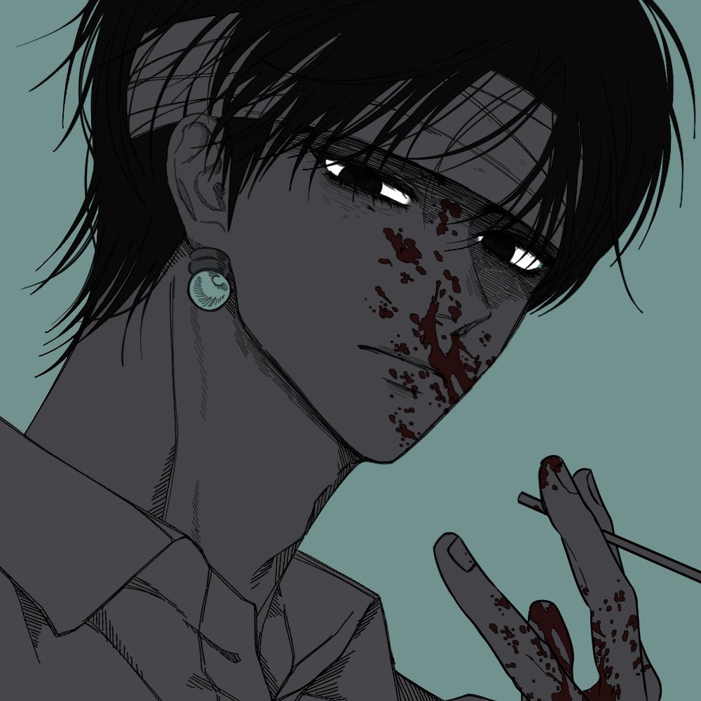 1boy bandaged_head bandages black_eyes black_hair blood blood_on_face blood_on_hands chrollo_lucilfer cigarette earrings glowing glowing_earrings green_background holding holding_cigarette hunter_x_hunter jewelry looking_at_viewer male_focus oho0918 shirt short_hair simple_background solo upper_body white_shirt