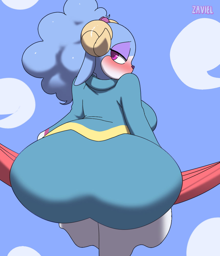 2023 anthro ariem_(sonic) artist_name big_butt blush bovid breasts butt clothed clothing cloud dress eyeshadow female horn looking_at_viewer looking_back makeup mammal sega sitting solo sonic_dream_team sonic_the_hedgehog_(series) zaviel