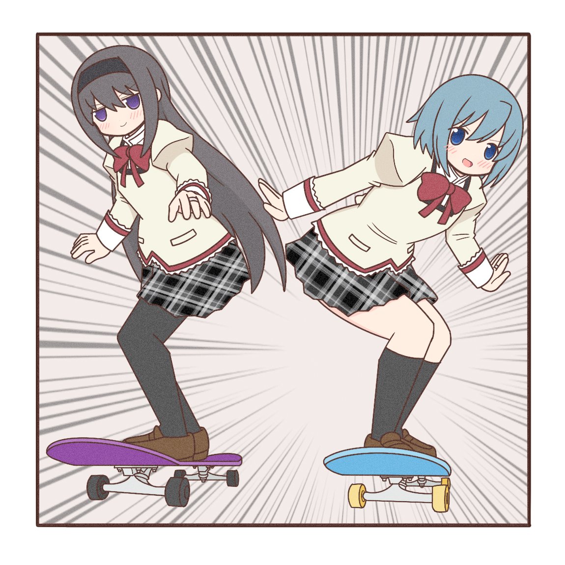 2girls akemi_homura balancing black_hairband black_pantyhose black_skirt black_socks blue_hair bob_cut bow bowtie brown_footwear hairband kneehighs long_hair long_sleeves mahou_shoujo_madoka_magica miki_sayaka mitakihara_school_uniform multiple_girls pantyhose pocket purple_eyes red_bow red_bowtie school_uniform shoes short_hair sidelocks skateboard skateboarding skirt socks sweater very_long_hair yellow_sweater yuno385