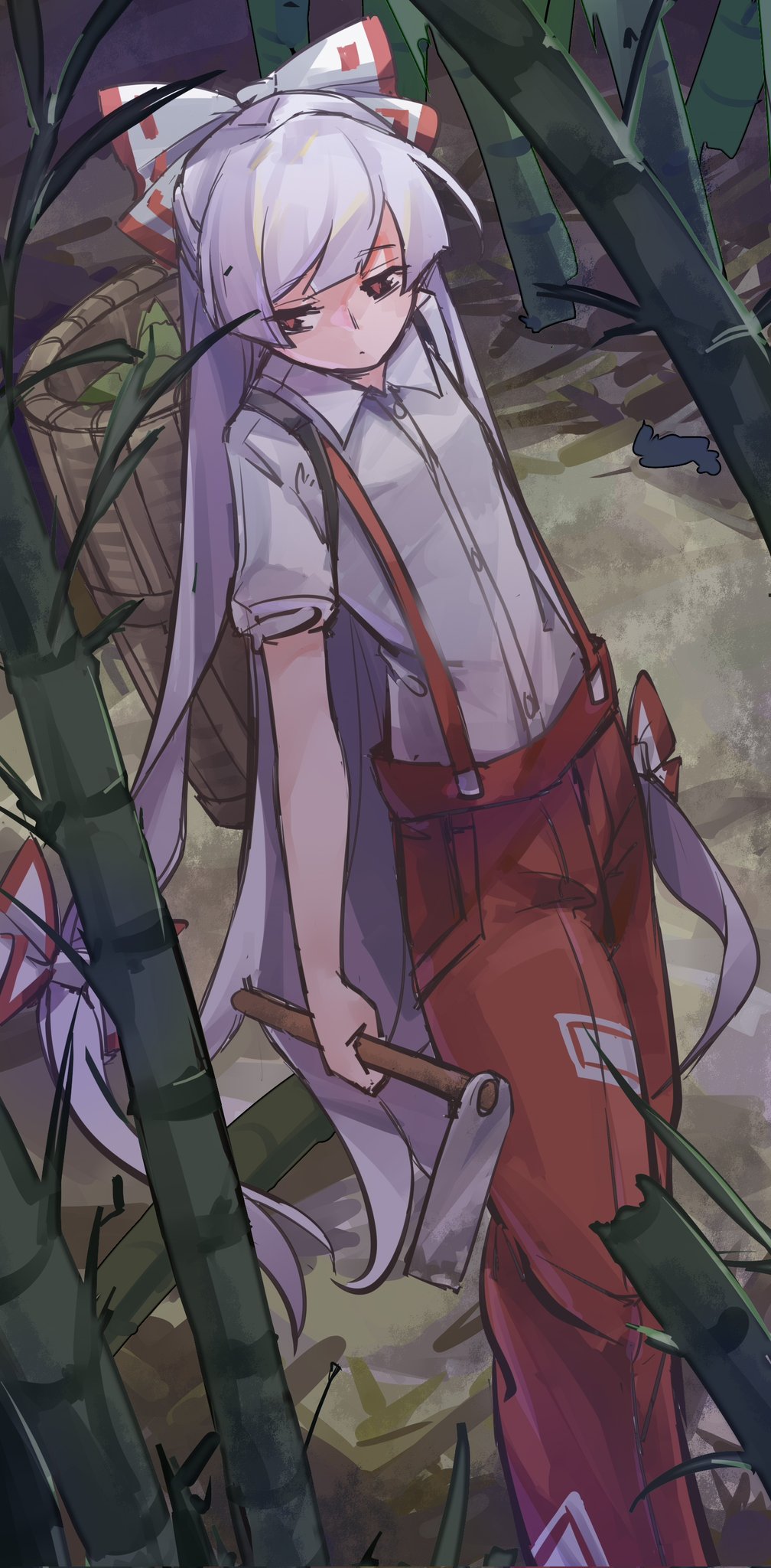 1girl bamboo banzi1225 bow collared_shirt commentary feet_out_of_frame fujiwara_no_mokou grey_hair hair_bow highres long_hair looking_to_the_side outdoors pants red_eyes red_pants shirt short_sleeves solo suspenders symbol-only_commentary touhou very_long_hair white_bow white_shirt