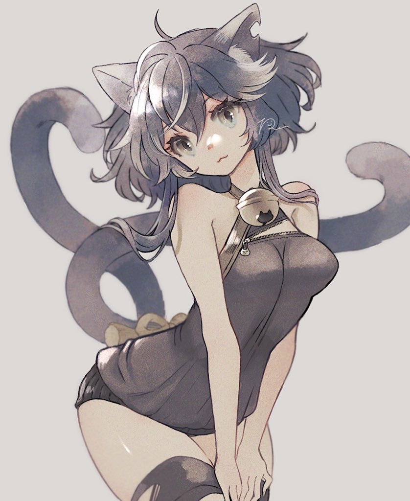 1girl :3 animal_ears bare_arms bare_shoulders bell black_dress black_hair black_thighhighs breasts cat_ears cat_girl cat_tail closed_mouth commentary_request dress grey_background grey_eyes hair_between_eyes head_tilt jingle_bell leaning_forward long_hair looking_at_viewer multiple_tails neck_bell notched_ear original ren-co signature simple_background small_breasts solo tail thighhighs torn_clothes torn_thighhighs two_tails