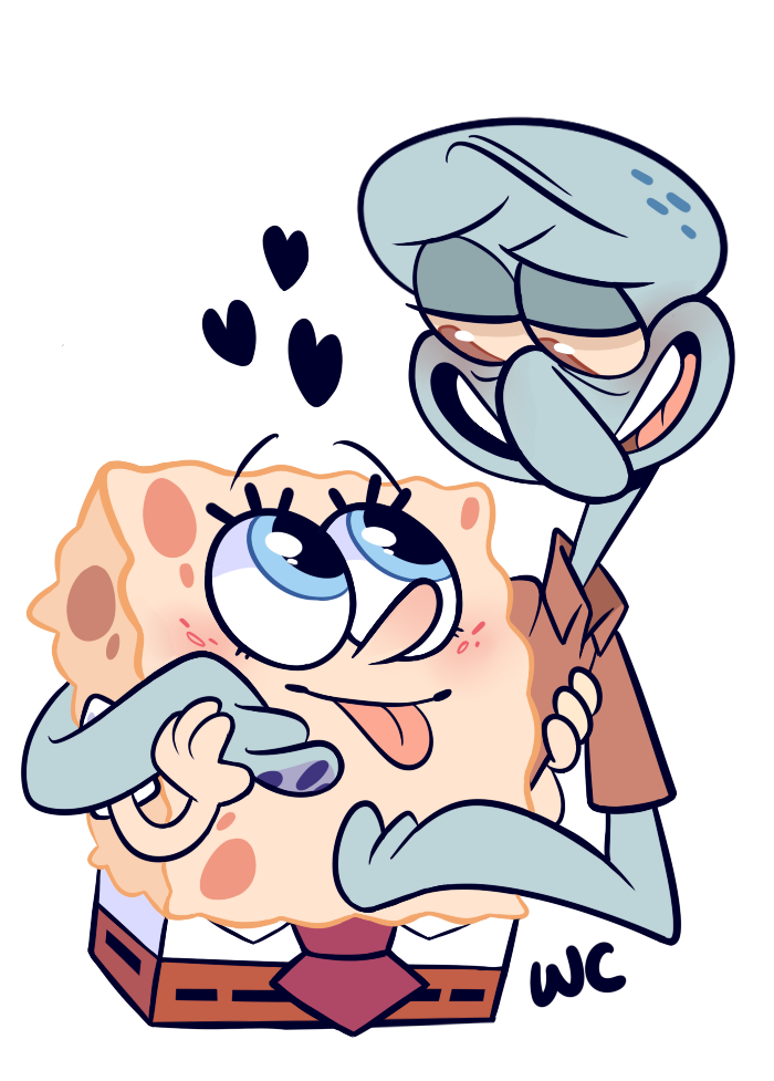 &lt;3 anthro bald blush cephalopod clothed clothing coleoid duo lidded_eyes male marine mollusk necktie nickelodeon octopodiform octopus on_model open_mouth open_smile sea_sponge shirt smile spongebob_squarepants spongebob_squarepants_(character) squidward_tentacles tentacles tongue tongue_out toony topwear waackery
