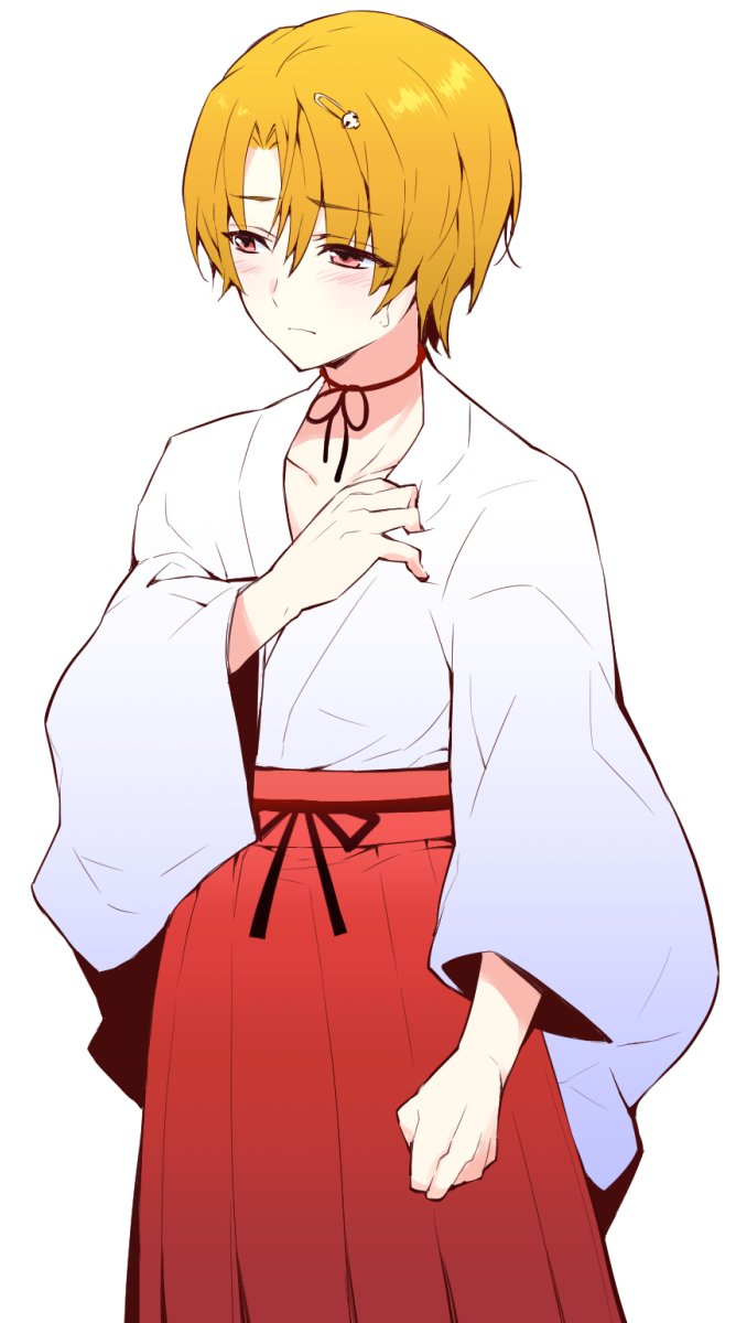 1boy arm_at_side blonde_hair clenched_hand closed_mouth collarbone commentary_request cosplay cowboy_shot crossdressing embarrassed eyes_visible_through_hair frown hair_between_eyes hair_ornament hairclip hakama highres higurashi_no_naku_koro_ni houjou_satoshi japanese_clothes kimono long_sleeves looking_to_the_side male_focus miko neck_ribbon nose pink_eyes red_hakama red_ribbon ribbon short_hair simple_background solo stasis_tank steins;gate suzuragi_karin sweatdrop urushibara_ruka urushibara_ruka_(cosplay) white_background white_kimono wide_sleeves