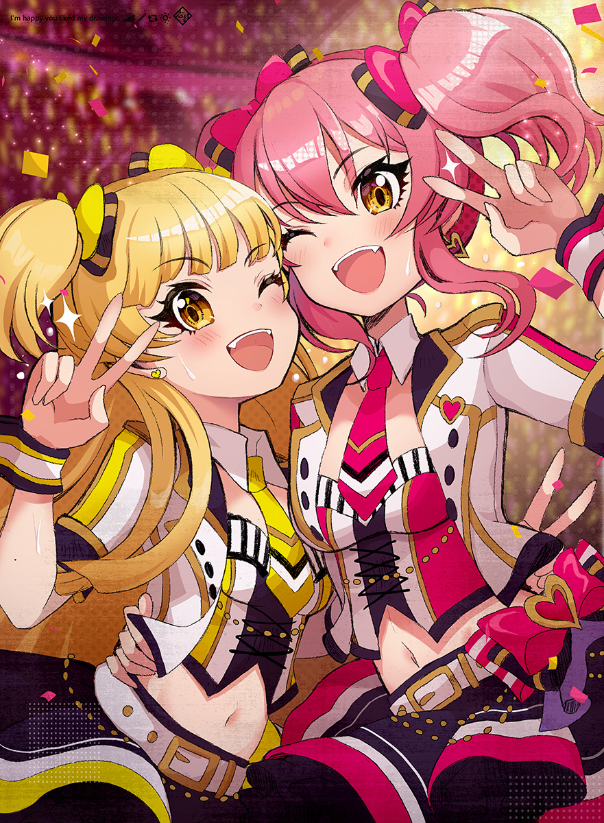 2girls ;d belly_chain belt blonde_hair blurry blurry_background blush bow breasts collar confetti crop_top cropped_jacket cropped_shirt detached_collar earrings fang glowstick hair_between_eyes hair_bow hair_ribbon hand_on_another's_hip hand_up heart heart_earrings highres idolmaster idolmaster_cinderella_girls idolmaster_cinderella_girls_starlight_stage indoors jacket jewelry jougasaki_mika jougasaki_rika kei_s01 long_hair looking_at_viewer medium_breasts midriff multicolored_clothes multicolored_shirt multicolored_skirt multiple_girls navel necktie one_eye_closed open_clothes open_jacket open_mouth pink_hair pink_necktie pink_ribbon ribbon shirt short_sleeves skirt small_breasts smile sparkle stage strapless strapless_shirt striped striped_ribbon sweat teeth twintails two-tone_ribbon two_side_up upper_teeth_only v white_belt white_collar wrist_cuffs yellow_eyes yellow_necktie yellow_ribbon