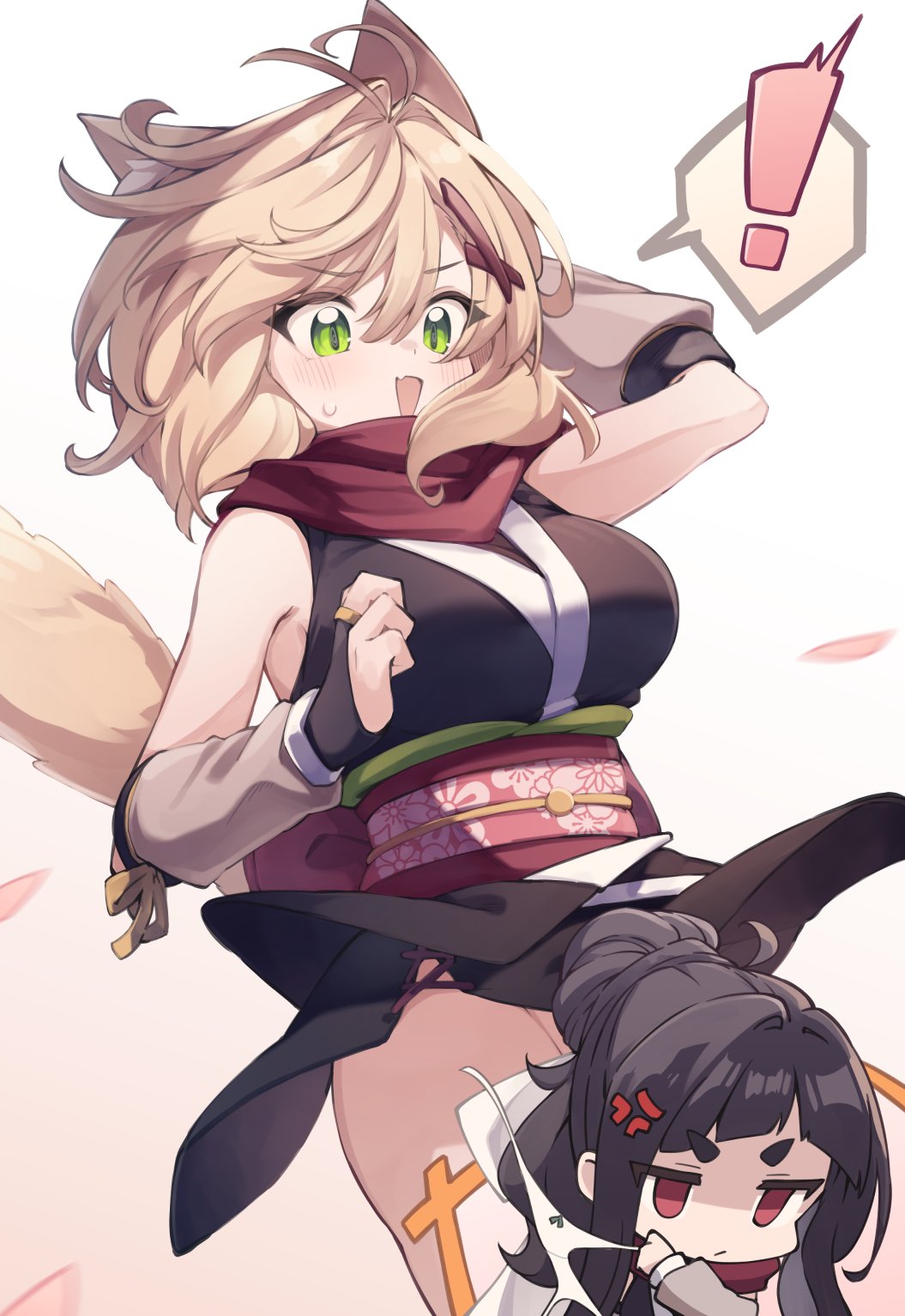 ! 2girls :d anger_vein animal_ears bare_shoulders black_kimono blonde_hair bow bow_panties breasts chibi fang fox_ears fox_girl fox_tail gradient_background green_eyes groin hair_between_eyes hair_bun hair_intakes hair_ornament highres holding holding_clothes holding_panties holding_underwear japanese_clothes kemonomimi_mode kimono kuranami_shiki large_breasts multiple_girls natsuki_teru nekomiya_ryuu ninja obi original panties panties_removed petals pink_background red_eyes sash short_eyebrows side-tie_panties sidelocks sleeveless sleeveless_kimono smile spoken_exclamation_mark tail thick_eyebrows underwear untied untied_panties white_background white_panties