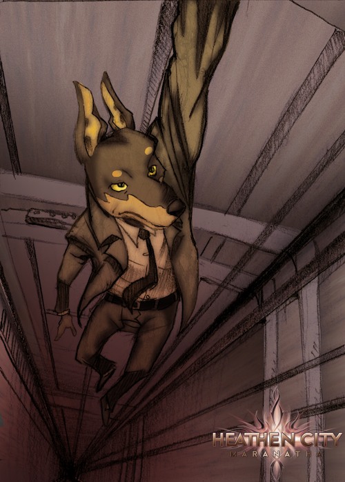 anthro ayato canid canine canis clothed clothing dobermann domestic_dog dress_shirt fully_clothed heathen_city holding_ledge male mammal metal necktie peril pinscher q._i._malloy shirt slacks solo suit_and_tie suit_jacket topwear