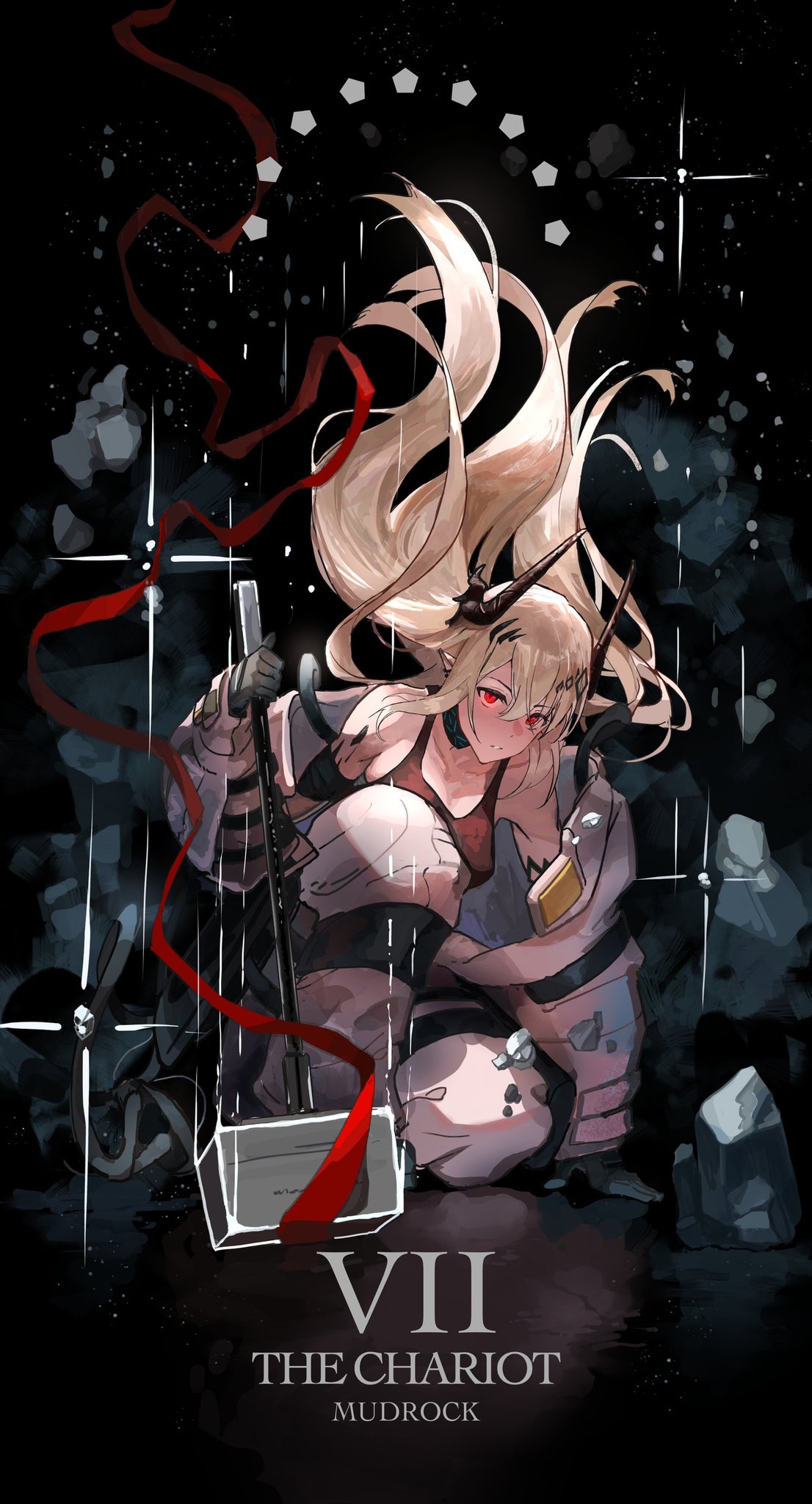 1girl arknights black_bow black_gloves black_sports_bra blonde_hair bow breasts character_name cleavage commentary demon_girl demon_horns english_commentary english_text glaring gloves hair_ornament hammer highres holding holding_hammer horns infection_monitor_(arknights) jumpsuit kasumi_yuzuha kneeling large_breasts long_hair looking_at_viewer mudrock_(arknights) mudrock_(elite_ii)_(arknights) open_jumpsuit oripathy_lesion_(arknights) pointy_ears red_eyes red_ribbon ribbon simple_background solo sports_bra tarot white_jumpsuit