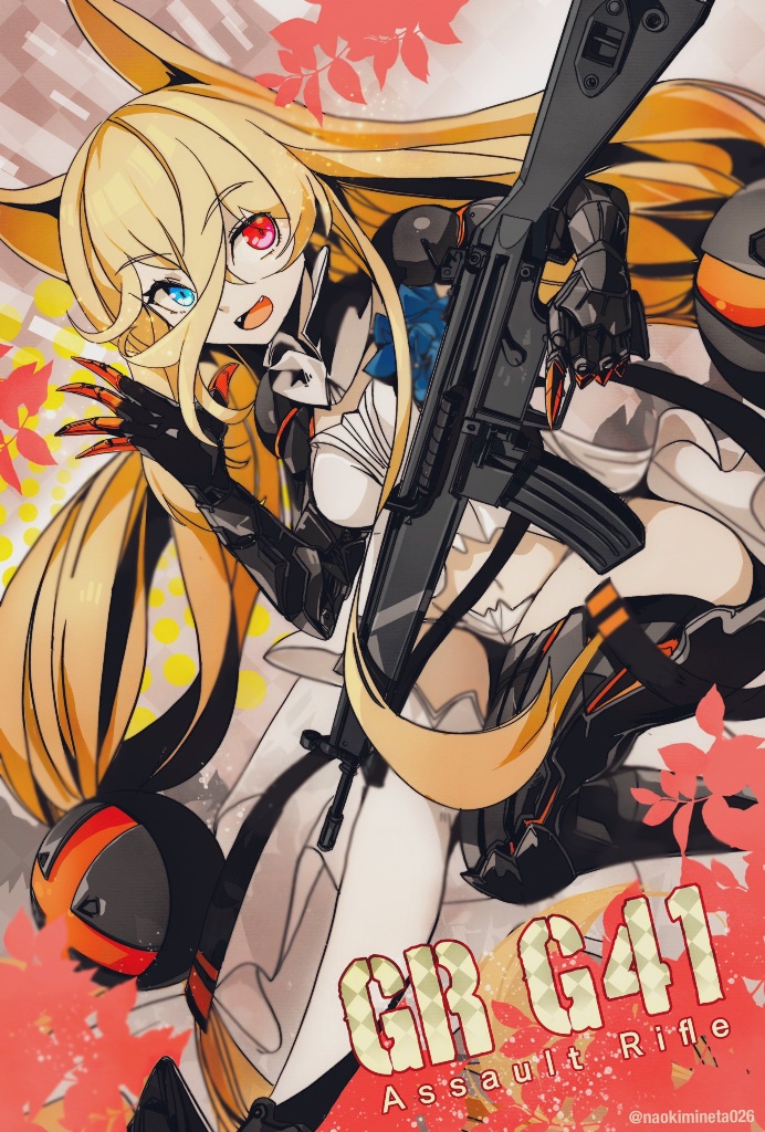 1girl :d animal_ears assault_rifle asymmetrical_legwear babydoll black_thighhighs blonde_hair blue_eyes branch breasts character_name collar commentary_request detached_collar fangs g41_(girls'_frontline) girls'_frontline gun h&amp;k_g41 hair_between_eyes hair_ornament hand_up heterochromia holding holding_gun holding_weapon leaf long_hair looking_at_viewer low-tied_long_hair mechanical_arms medium_breasts mineta_naoki mismatched_legwear navel open_hand open_mouth panties red_eyes rifle smile solo thighhighs trigger_discipline twintails twitter_username underwear very_long_hair weapon white_babydoll white_collar white_panties white_thighhighs