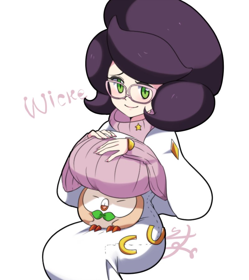 1girl big_hair bird blush breast_rest breasts breasts_on_head capelet character_name closed_eyes coat glasses green_eyes hands_on_own_chest isuka large_breasts long_sleeves owl pink-framed_eyewear pink_sweater pokemon pokemon_(creature) pokemon_sm purple_hair raised_eyebrows ribbed_sweater rowlet sitting skirt sweater turtleneck turtleneck_sweater white_background white_capelet white_coat white_skirt wicke_(pokemon)