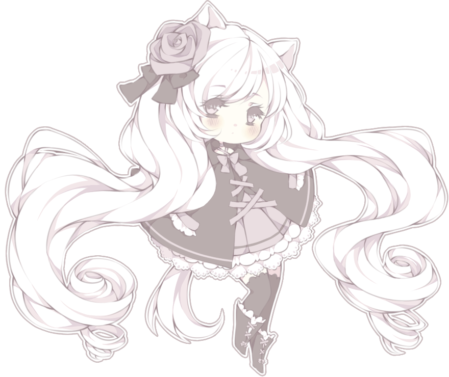 1girl :o animal_ears black_bow black_cloak black_footwear black_thighhighs blush blush_stickers boots bow bowtie chibi cloak cross-laced_clothes cross-laced_footwear curly_hair dress english_commentary eyelashes flower frilled_dress frilled_footwear frilled_sleeves frills grey_bow grey_bowtie grey_dress grey_eyes grey_ribbon grey_rose hair_bow hair_flower hair_ornament hood hood_down hooded_cloak littlebluemuffin long_hair long_sleeves neck_ribbon no_hands open_mouth original petticoat ribbon rose short_dress tail thighhighs very_long_hair white_background white_hair wolf_ears wolf_girl wolf_tail