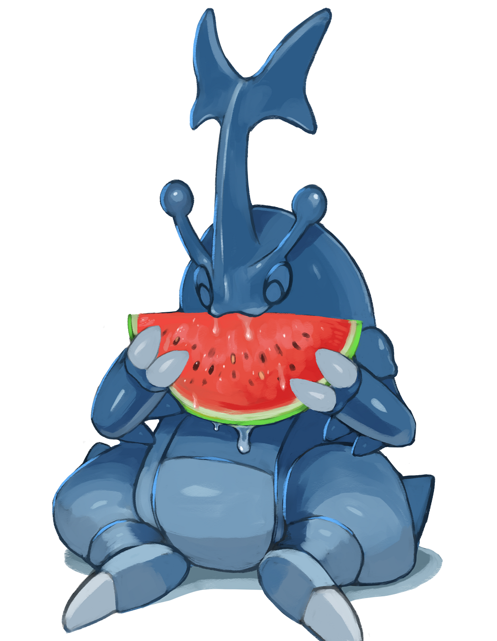 animal_focus claws closed_eyes eating food fruit heracross highres holding holding_food holding_fruit horns no_humans pokemon pokemon_(creature) simple_background single_horn sitting solo tesshii_(riza4828) watermelon watermelon_slice white_background