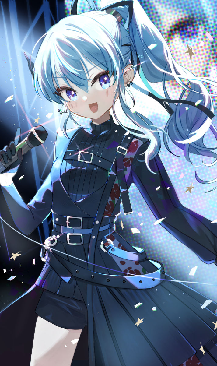 1girl :d belt_buckle black_gloves black_ribbon black_shirt black_shorts blue_eyes blue_hair blush breasts buckle commentary_request ear_piercing gloves hair_between_eyes hair_ribbon high_ponytail highres holding holding_microphone hololive hoshimachi_suisei long_hair long_sleeves looking_at_viewer microphone piercing ponytail puffy_long_sleeves puffy_sleeves ribbon shadowsinking shirt short_shorts shorts sidelocks small_breasts smile solo star_(symbol) star_in_eye symbol_in_eye