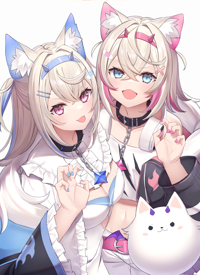 2girls animal_ear_fluff animal_ears belt belt_collar black_collar black_jacket blonde_hair blue_eyes blue_hair blue_nails blush breasts claw_pose cleavage cleavage_cutout clothing_cutout collar cropped_jacket cropped_shirt dog_ears dog_girl dress fuwawa_abyssgard hair_ornament hairpin headphones headphones_around_neck hololive hololive_english jacket kiki_okina large_breasts long_hair looking_at_viewer medium_hair midriff mococo_abyssgard multicolored_hair multiple_girls nail_polish navel open_mouth perroccino_(fuwamoco) pink_belt pink_eyes pink_hair pink_nails shirt short_shorts shorts siblings sisters spiked_collar spikes streaked_hair tongue tongue_out twins two_side_up virtual_youtuber white_background white_dress white_shirt white_shorts x_hair_ornament