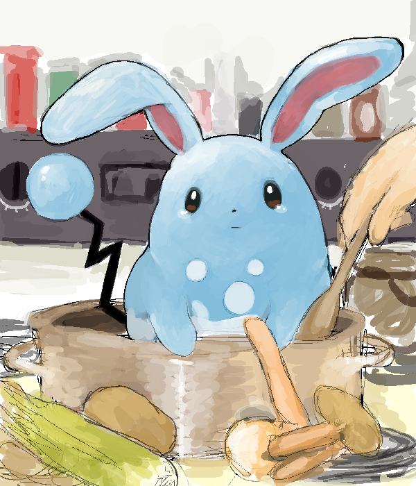 ambiguous_gender anthro azumarill bodily_fluids cooking_with_furs duo generation_2_pokemon human leak mammal marblerabbitworld nintendo pokemon pokemon_(species) tears