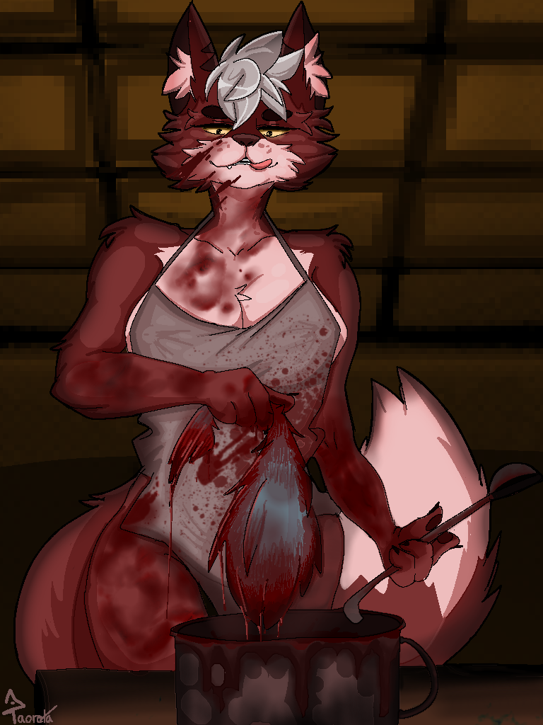 3:4 4_fingers anthro apron apron_only big_breasts black_pawpads blood blood_on_clothing blood_on_face blood_on_hand blood_splatter bodily_fluids breasts canid canine cannibalism chest_tuft cleavage clothed clothing cooking_pot creepy disturbing erect_nipples felid feline female fingers fox fur gore hybrid inner_ear_fluff licking licking_lips licking_own_lips low-angle_view mammal multicolored_body multicolored_fur nipples pawpads smile solo tao_(taoreta) taoreta thick_thighs tongue tongue_out tuft yellow_eyes