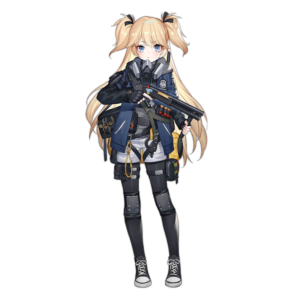 1girl black_bag black_footwear black_gloves black_pantyhose black_ribbon blonde_hair blue_eyes blue_jacket blush closed_mouth cuffs fingerless_gloves full_body gas_mask girls'_frontline gloves gun haijin hair_between_eyes hair_ribbon handcuffs holding holding_gun holding_weapon jacket knee_pads light_frown long_hair long_sleeves looking_at_viewer mask official_alternate_costume official_art open_clothes pantyhose ribbon shoes shorts simple_background snap-fit_buckle sneakers solo straight-on super-shorty_(bad_cop_for_life)_(girls'_frontline) super-shorty_(girls'_frontline) thigh_pouch transparent_background trigger_discipline two_side_up very_long_hair weapon white_shorts