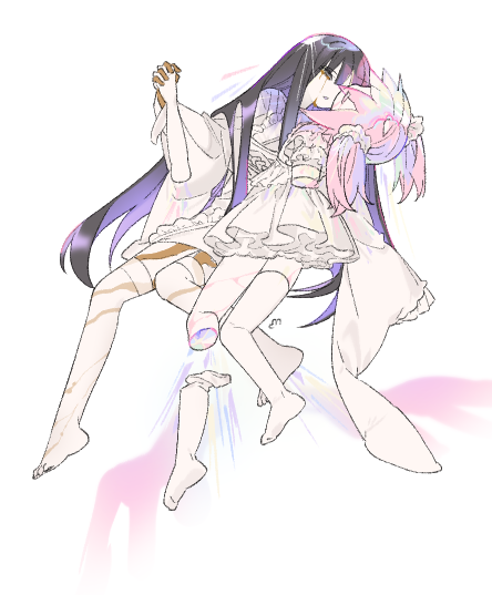 2girls akemi_homura barefoot black_hair broken_arm broken_leg colored_inner_hair colored_skin dress full_body hair_ornament hair_scrunchie holding_hands houseki_no_kuni iridescent japanese_clothes kaname_madoka kimono kintsugi long_hair mahou_shoujo_madoka_magica multicolored_hair multiple_girls pink_hair purple_hair scrunchie short_sleeves short_twintails thighhighs twintails u_emper very_long_hair white_background white_dress white_kimono white_scrunchie white_skin white_thighhighs