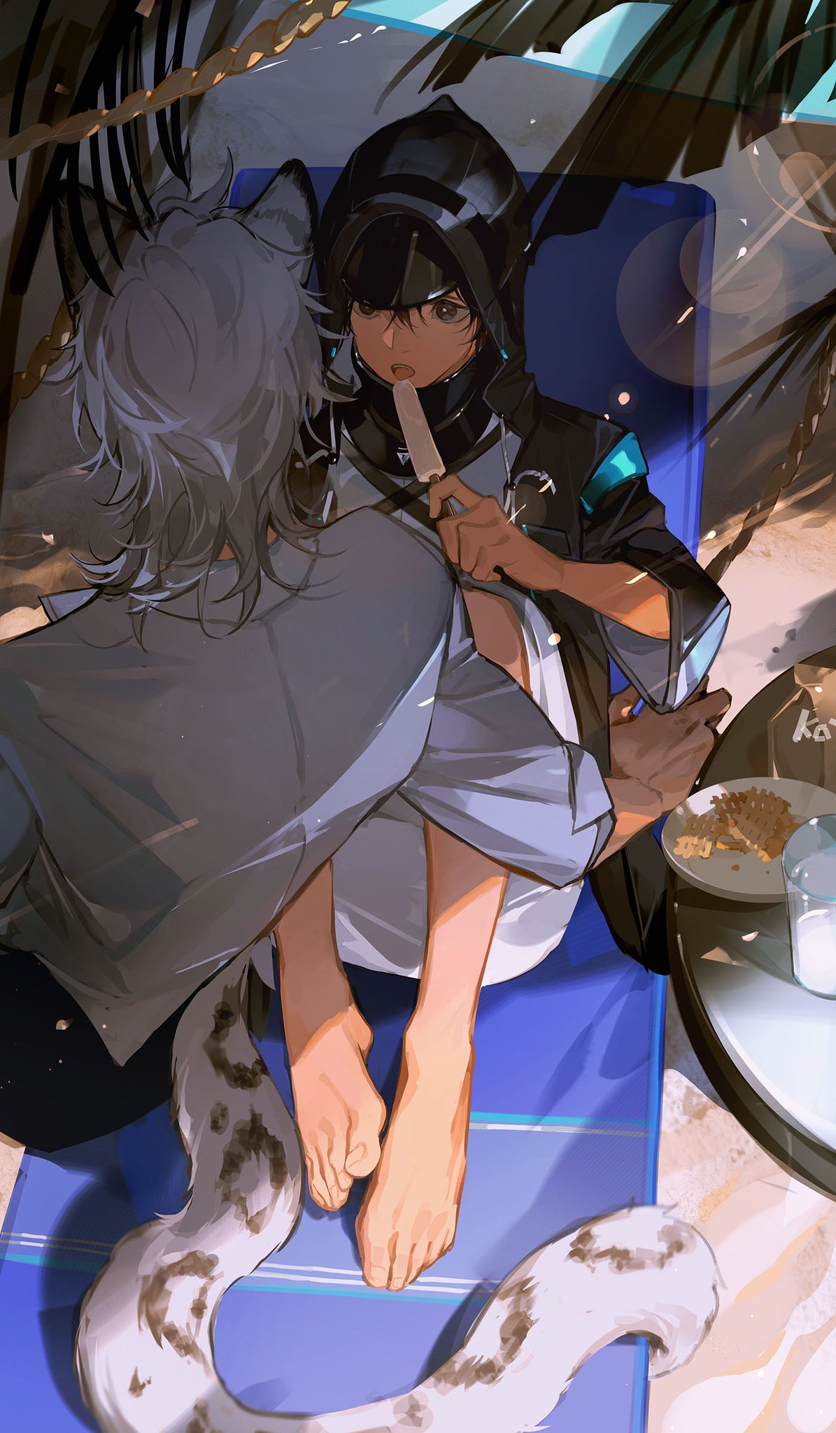 2boys akai_999 animal_ears arknights barefoot black_coat black_hair coat doctor_(arknights) food grey_eyes grey_hair hair_between_eyes highres holding_popsicle hood hood_up hooded_coat leaning_back leopard_boy leopard_ears leopard_tail long_sleeves looking_at_another lying male_doctor_(arknights) male_focus multiple_boys on_back open_mouth outdoors popsicle shirt silverash_(arknights) sitting tail white_shirt yaoi