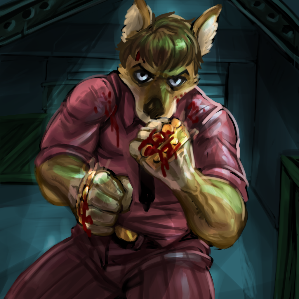 anthro brass_knuckles canid canine clothing dress_shirt fighting_pose lostwisdom male mammal melee_weapon pose shirt solo topwear warehouse weapon