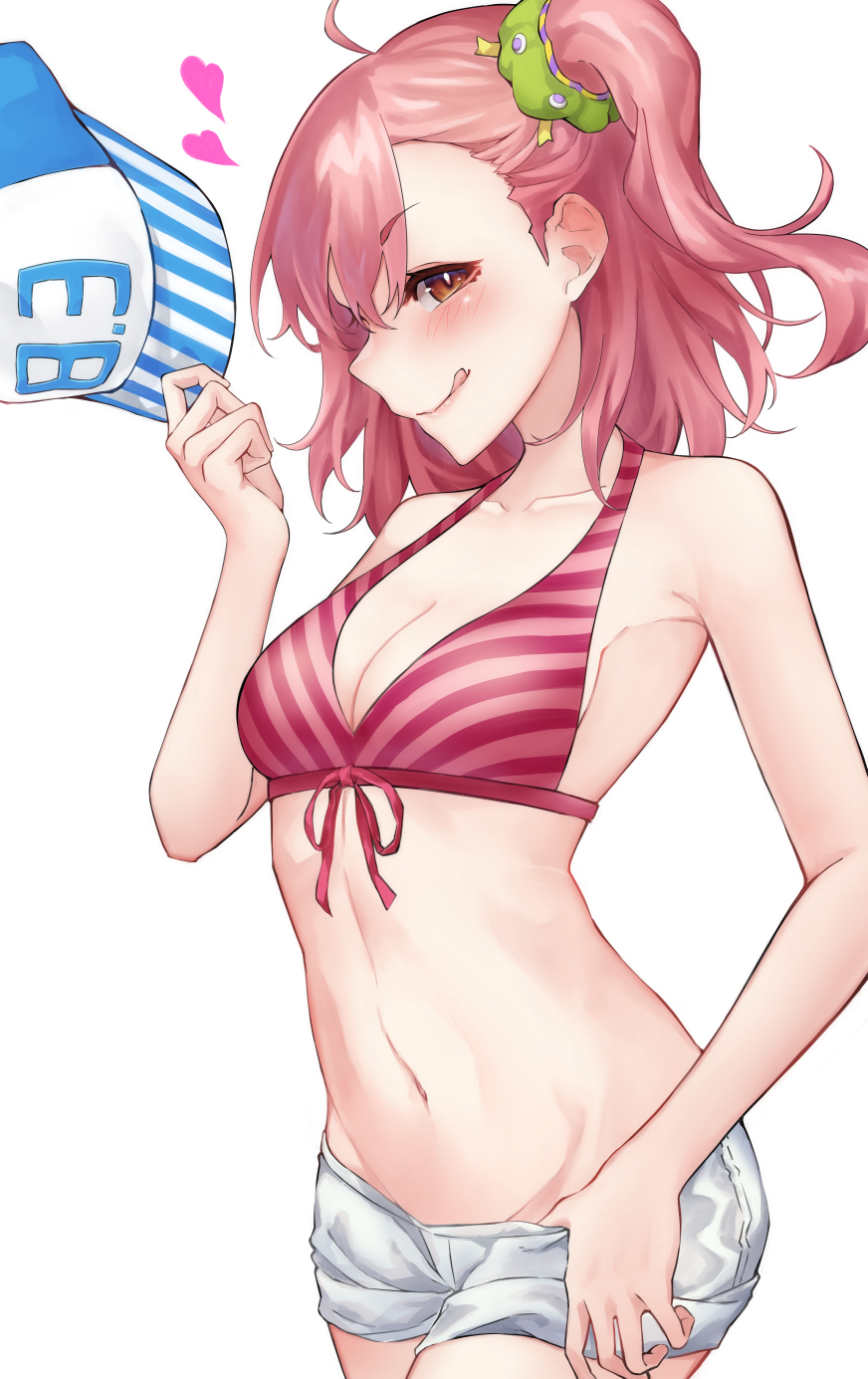 1girl :p baseball_cap bikini bikini_top_only breasts brown_eyes cleavage collarbone front-tie_bikini_top front-tie_top green_scrunchie grimoire_~shiritsu_grimoire_mahou_gakuen~ hair_between_eyes hair_ornament hair_scrunchie hand_up hat heart highres holding holding_clothes holding_hat kamidanomi licking_lips looking_at_viewer medium_breasts medium_hair momose_momo navel one_side_up pink_hair red_bikini scrunchie short_shorts shorts solo swimsuit tongue tongue_out white_background white_shorts