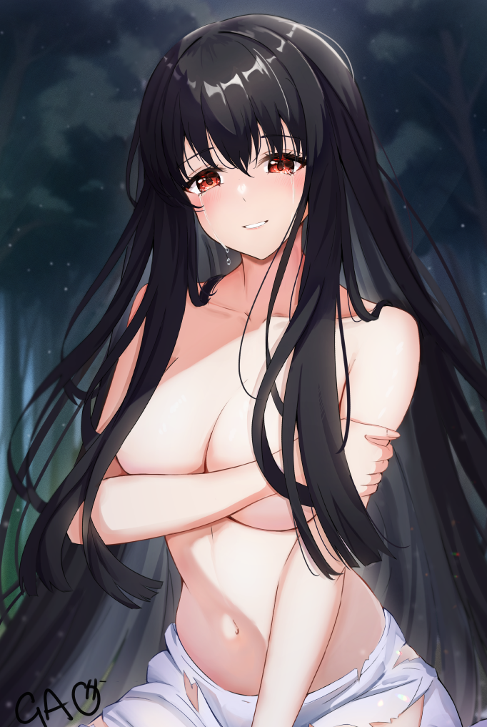 1girl animal_ears black_hair breasts choppy_bangs covering crying crying_with_eyes_open evergreen:d gao_kawa hair_censor large_breasts long_hair navel nude_cover rabbit_ears signature solo tears topless torn_clothes very_long_hair