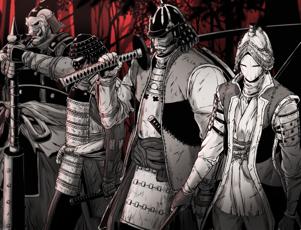 4boys armor club_(weapon) commentary_request fingerless_gloves for_honor gloves greyscale hat helmet holding holding_club holding_polearm holding_sword holding_weapon jacket japanese_armor japanese_clothes kabuto_(helmet) kanabou katana kensei_(for_honor) kusazuri long_sleeves male_focus mask menpoo monochrome multiple_boys muu1519 nobushi_(for_honor) ootachi open_clothes open_jacket orochi_(for_honor) over_shoulder polearm samurai shoulder_armor shugoki_(for_honor) sode spot_color straw_hat sword warrior weapon weapon_over_shoulder