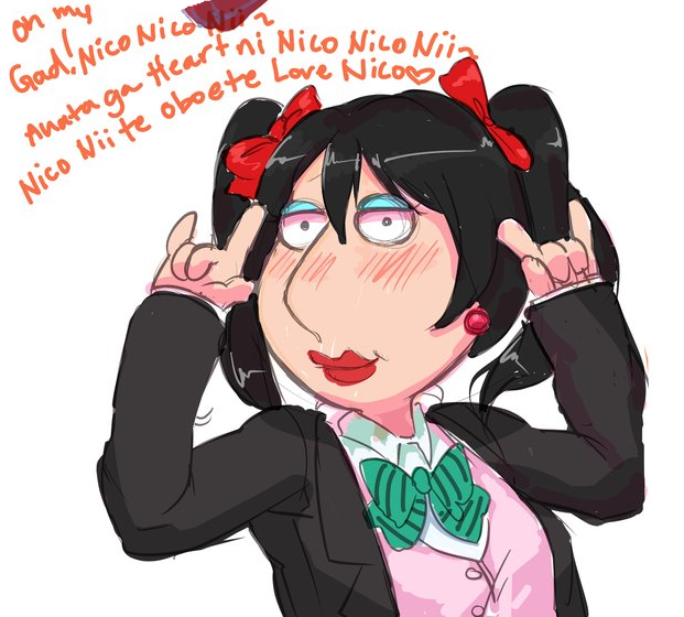 1girl \m/ black_hair black_jacket blue_eyeshadow blush bow bowtie cardigan cardigan_under_jacket closed_mouth collared_shirt cosplay double_\m/ earrings english_text eyeshadow family_guy green_bow green_bowtie hands_up jacket jewelry lewdishsnail lipstick lois_griffin love_live! love_live!_school_idol_project makeup medium_hair nico_nico_nii open_clothes open_jacket otonokizaka_school_uniform pink_cardigan red_lips school_uniform shirt simple_background solo twintails upper_body white_background white_shirt yazawa_nico yazawa_nico_(cosplay)