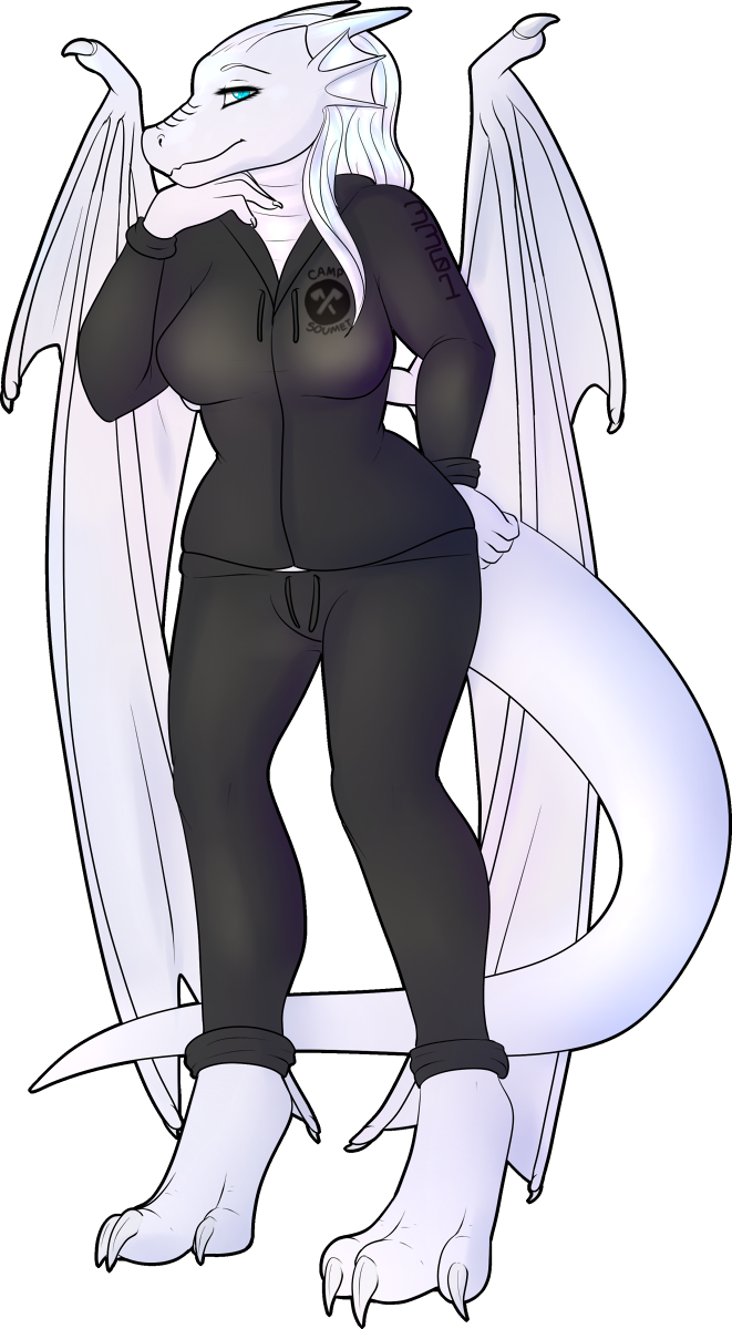 alpha_channel anthro bedroom_eyes bottomwear camp_soumet clothing dragon female hair hand_on_butt hand_under_chin hi_res jacket luvbites narrowed_eyes neonicink pants seductive selen_(elisonous) smile smiling_at_viewer solo topwear uniform white_hair wings