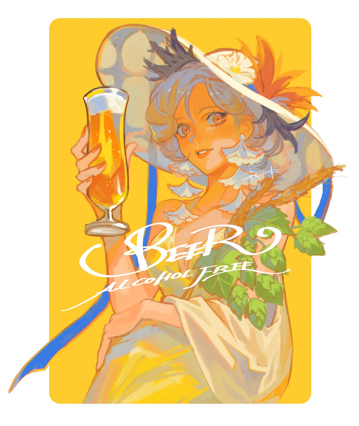 1girl alcohol bare_shoulders beer beer_glass blue_ribbon border breasts brown_eyes cleavage cup dekooop detached_sleeves dress earrings english_text hair_between_eyes hand_on_own_hip hat highres holding holding_cup jewelry leaf light_brown_hair lipstick looking_at_viewer makeup medium_breasts mole mole_under_mouth nail_polish orange_nails original parted_lips ribbon sidelocks simple_background smile solo white_border yellow_background yellow_dress