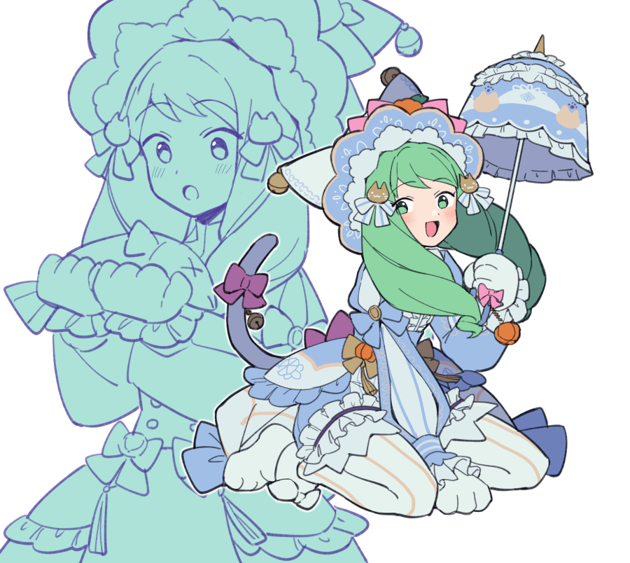 1girl animal_costume animal_hands bell blue_dress cat_costume cat_paws cat_tail do_m_kaeru dress fire_emblem fire_emblem_awakening fire_emblem_heroes fish flayn_(fire_emblem) flayn_(halloween)_(fire_emblem) green_eyes green_hair long_hair looking_at_viewer official_alternate_costume open_mouth parasol smile solo striped_leggings striped_sleeves tail umbrella white_background