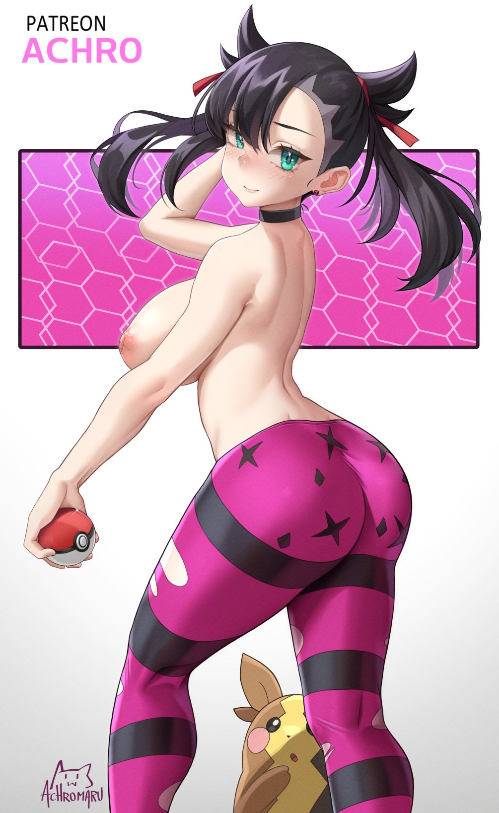 1girl ^^^ achromaru alternate_breast_size aqua_eyes artist_name ass asymmetrical_bangs black_choker black_hair black_leggings bracelet breasts choker earrings english_commentary hair_ribbon hand_in_own_hair highres holding holding_poke_ball jewelry kneepits large_breasts leggings looking_at_viewer looking_back marnie_(pokemon) medium_hair meme morpeko morpeko_(full) nipples notice_lines official_alternate_costume pants patreon_username pink_leggings poke_ball poke_ball_(basic) pokemon pokemon_(creature) pokemon_(game) pokemon_swsh red_ribbon ribbon signature solo spiked_bracelet spikes standing topless torn_clothes torn_leggings torn_pants twintails twitter_strip_game_(meme)